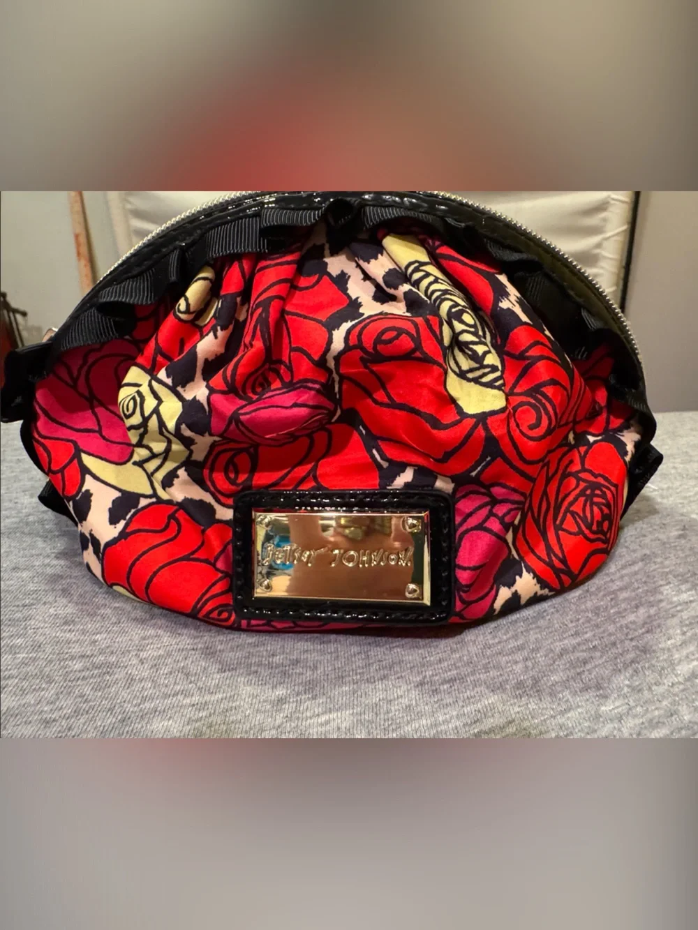 Betsey Johnson Red and Pink Rose Print Cosmetic Pouch with Cream Accents